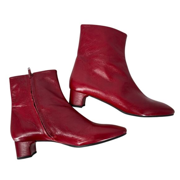 Zara Red Leather Ankle Boots Mid Heel Mid Century Modern Style Size 37 - Picture 3 of 11